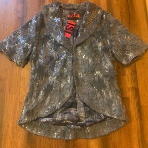 Isle apparel NWT jacket women’s medium grey faux fur sequins two hook cl…